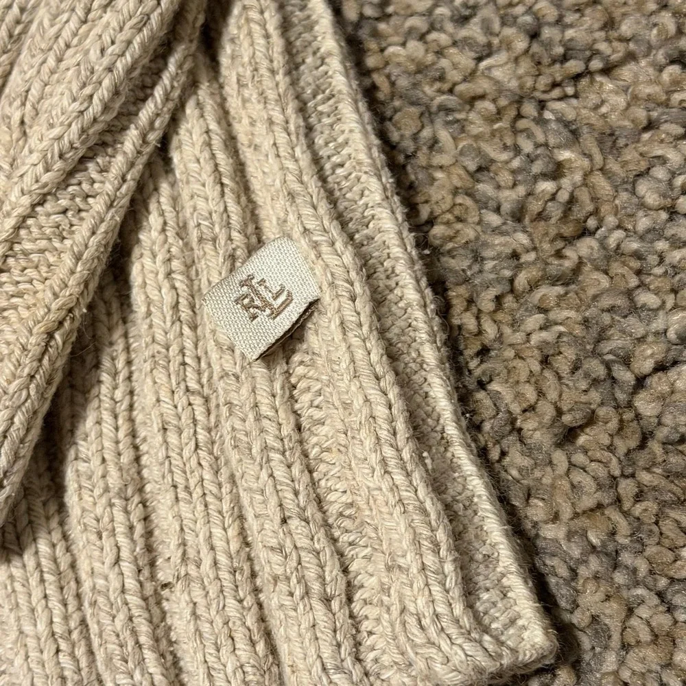 Lauren Ralph Lauren Womens M Beige Ribbed Silk Linen Cotton V Neck Sweater